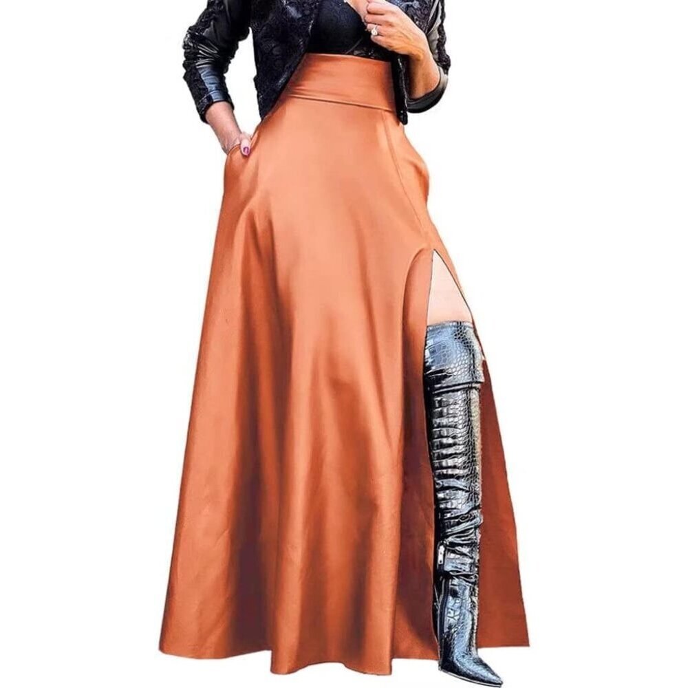 Women Brown High Waisted Sexy PU Leather Vintage A-Line Long Skirt Pockets - Picture 2 of 2